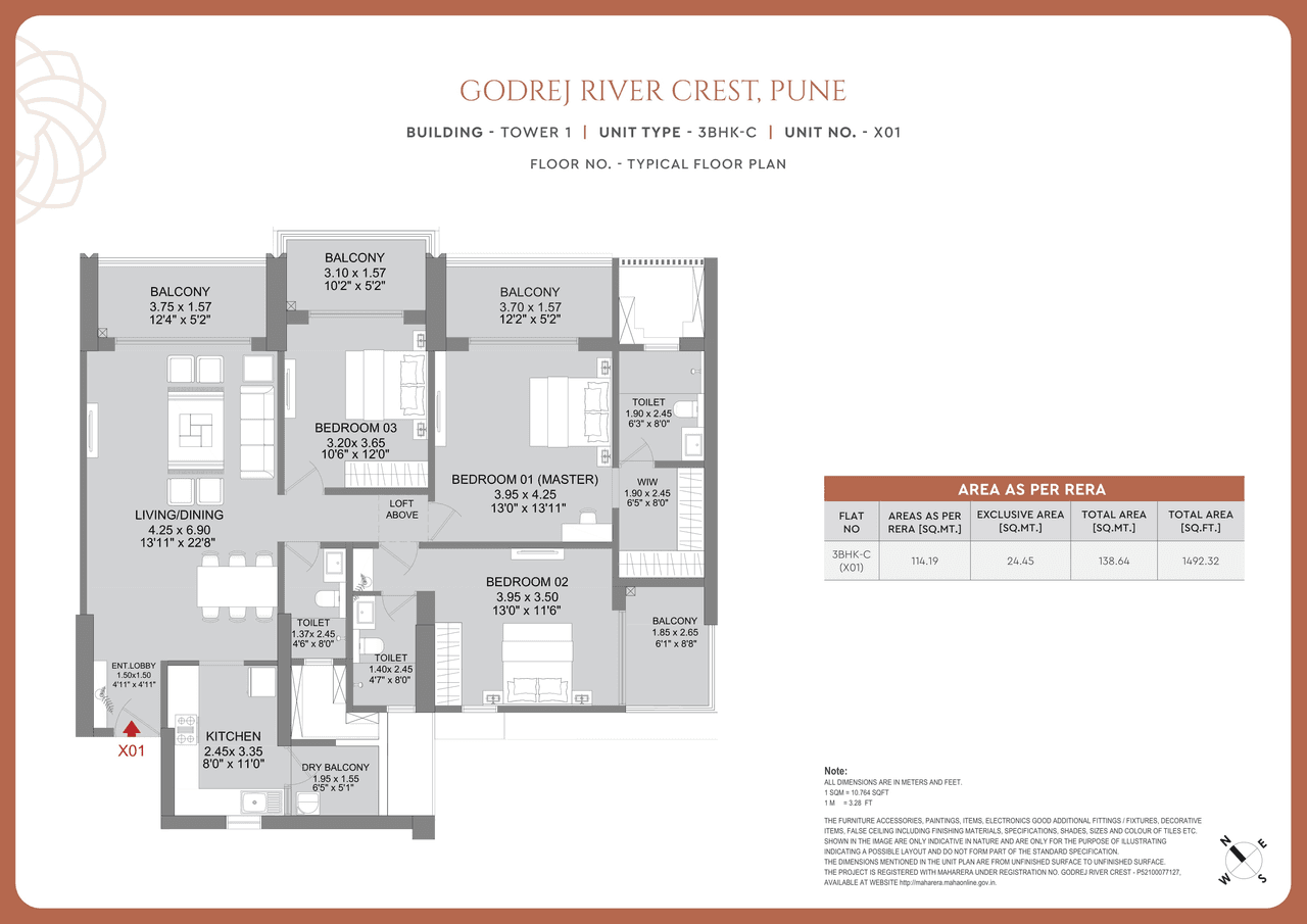 Godrej River Crest Unit plan - 1493 sq.ft.