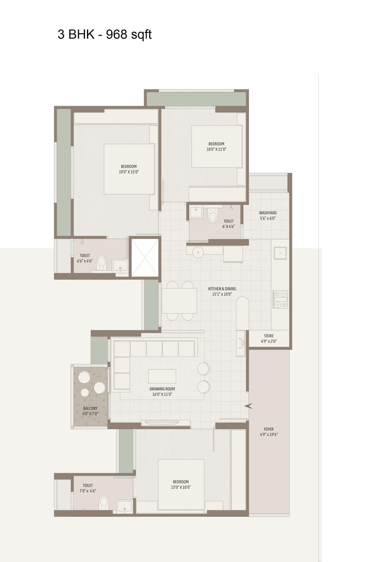 VR Reflection Unit plan - 968 sq.ft.