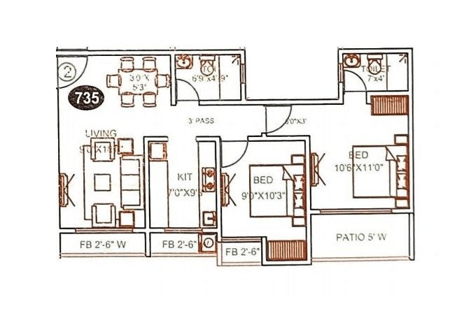 Happy Home Jasmine Unit plan - 735 sq.ft.