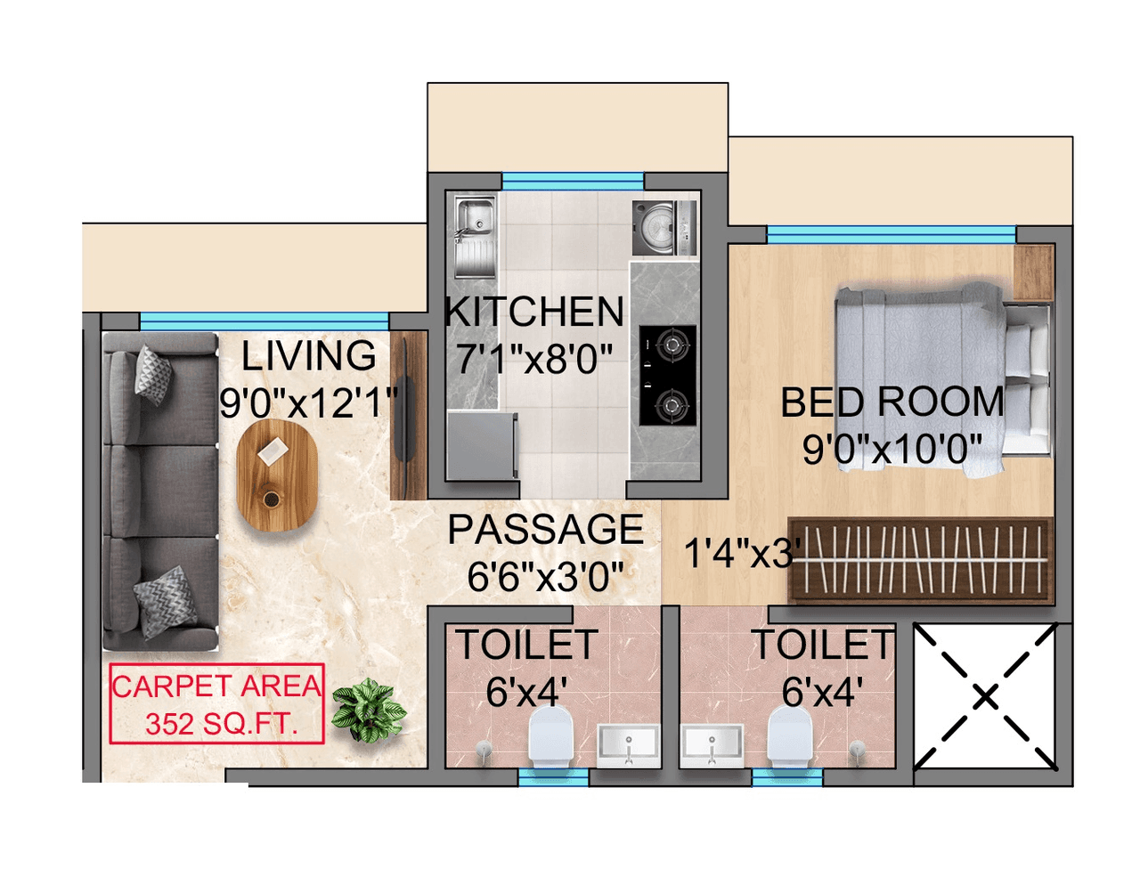 Trishika Skye 175 Unit plan - 377 sq.ft.