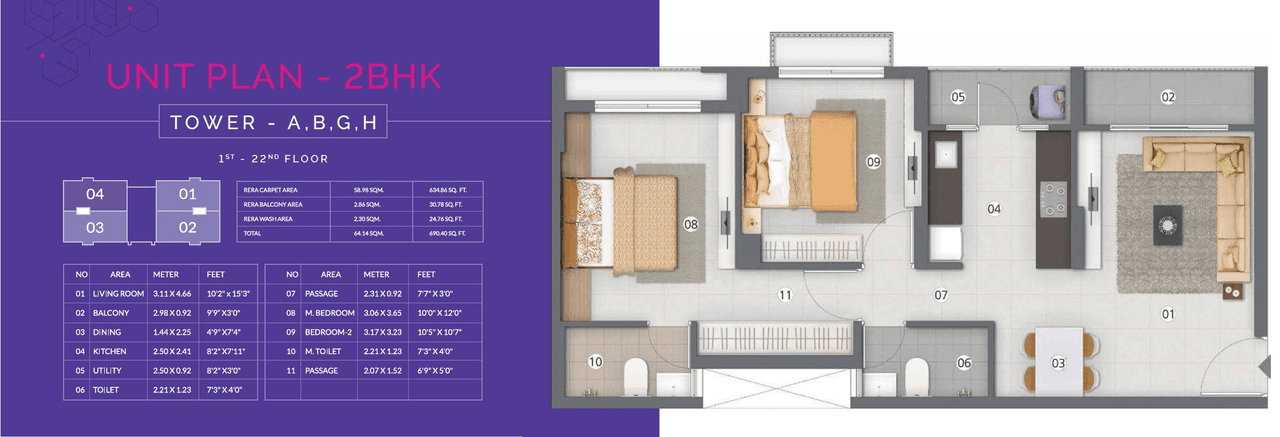 Adani Aster Neo Unit plan - 690 sq.ft.