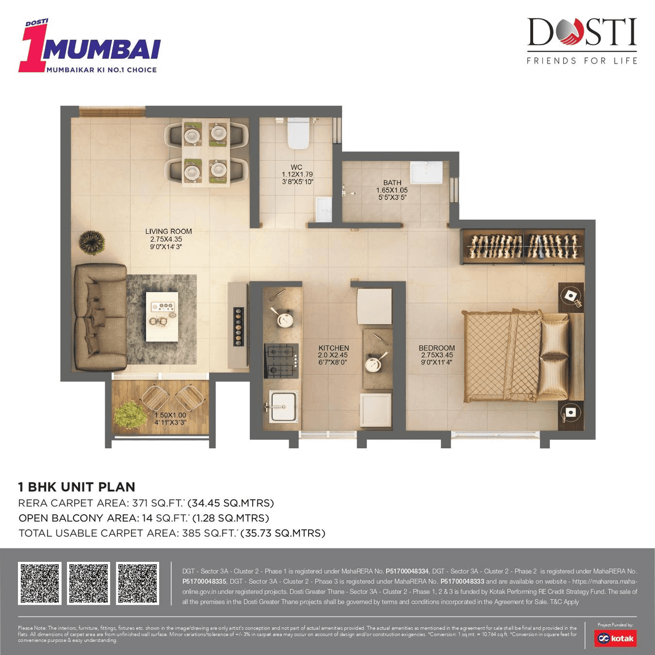 Dosti Greater Thane Phase II Unit plan - 385 sq.ft.