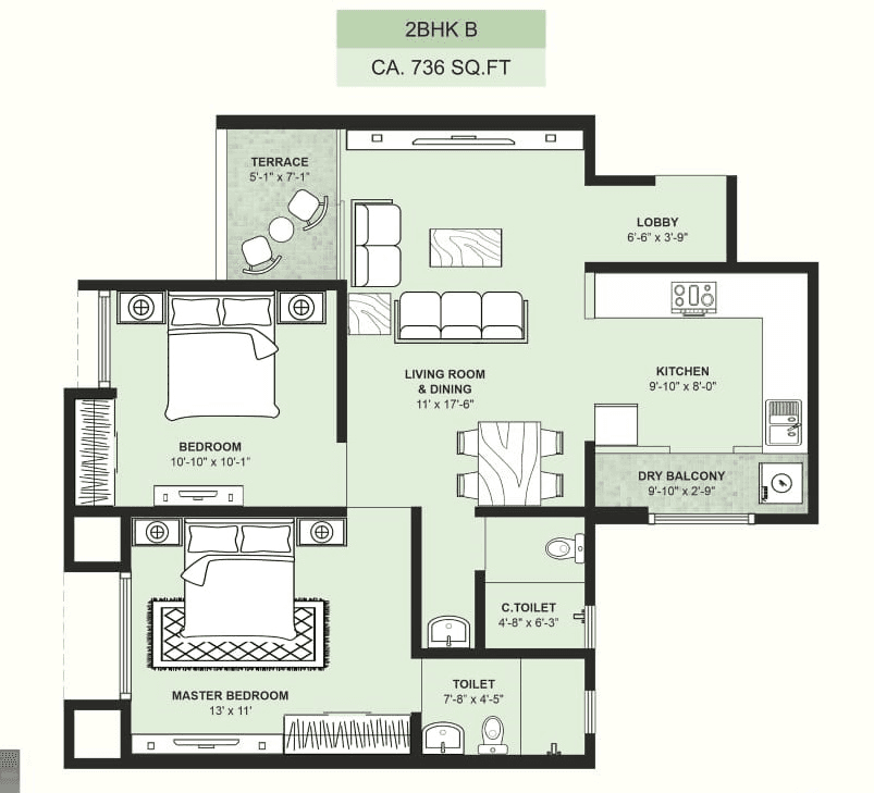 Jhamtani Ace Aster Unit plan - 736 sq.ft.