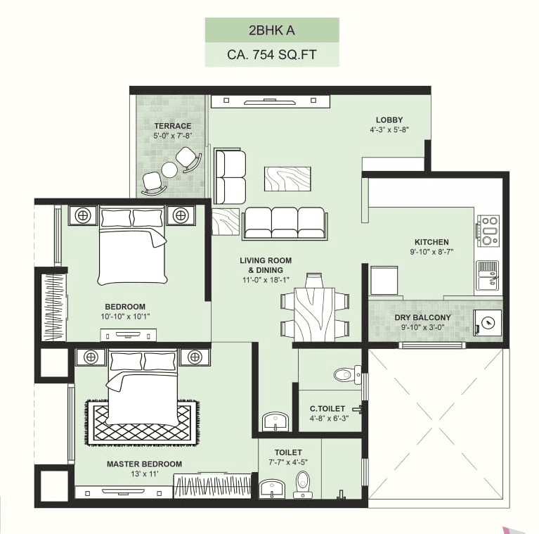 Jhamtani Ace Aster Unit plan - 754 sq.ft.