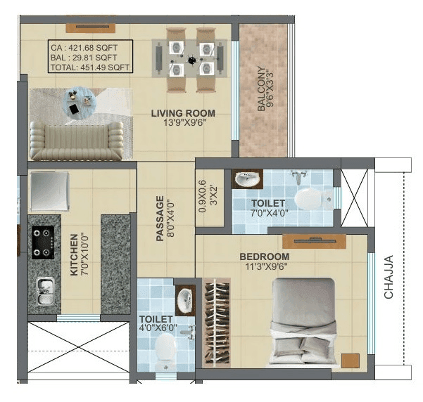 Panchratna Sapphire Unit plan - 451 sq.ft.