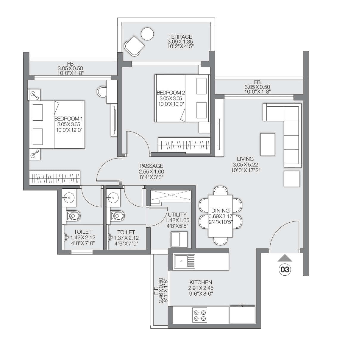 Godrej Bayview Unit plan - 870 sq.ft.