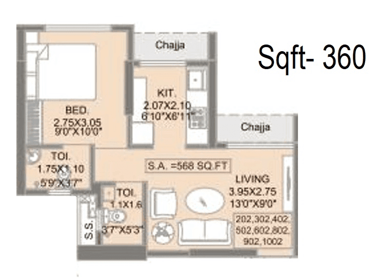 Ekdant 9 Meraki Unit plan - 360 sq.ft.