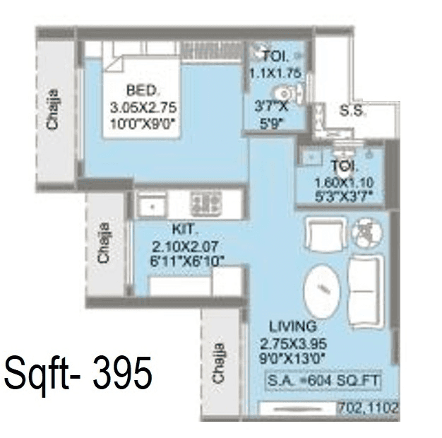 Ekdant 9 Meraki Unit plan - 395 sq.ft.