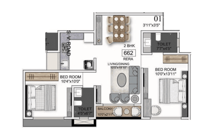 Pentagon Prerana Unit plan - 662 sq.ft.