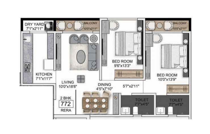 Pentagon Prerana Unit plan - 772 sq.ft.