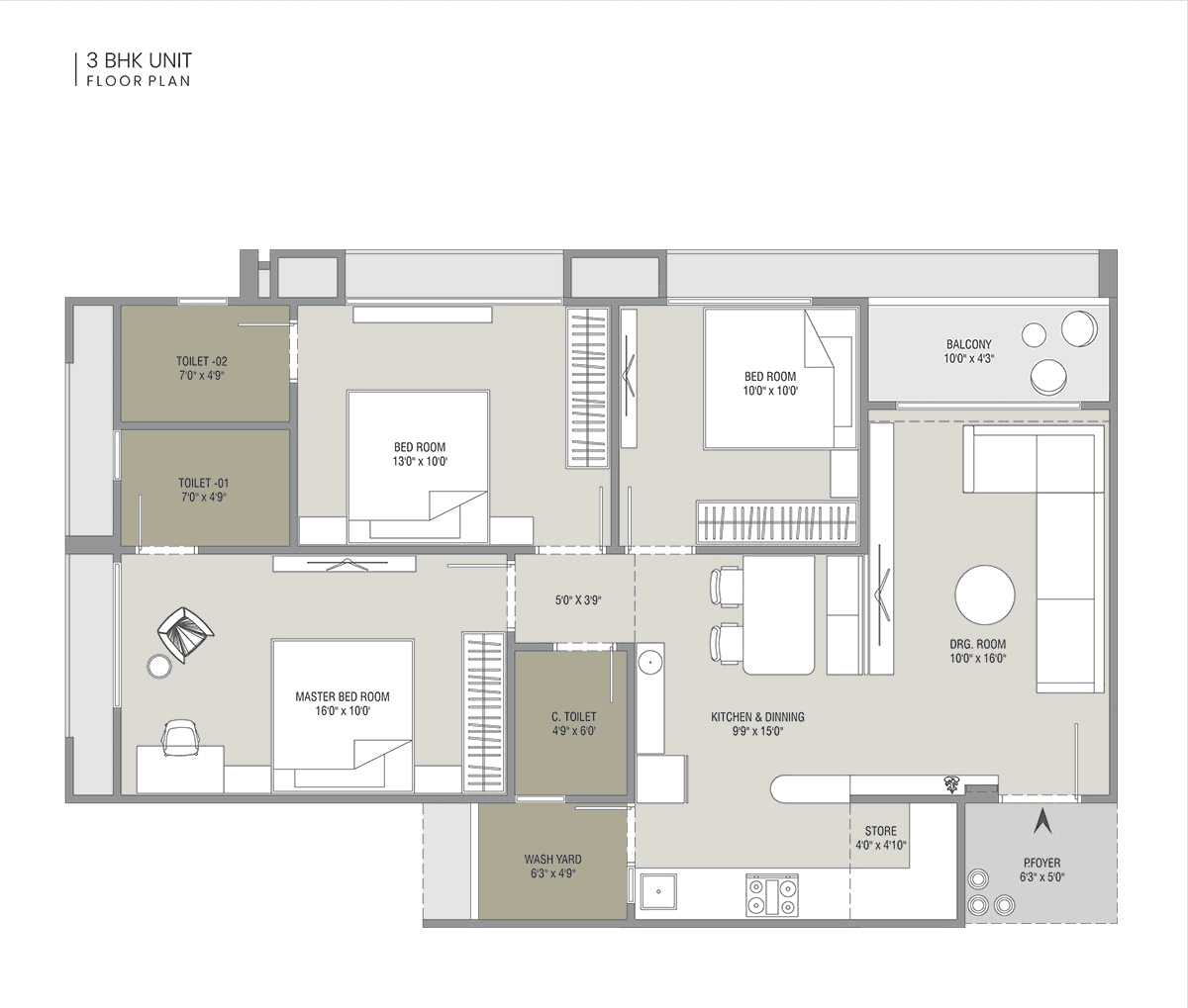 Sun Skyview Unit plan - 968 sq.ft.