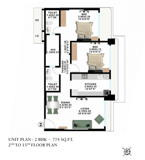Ajmera Eden Unit plan - 774 sq.ft.
