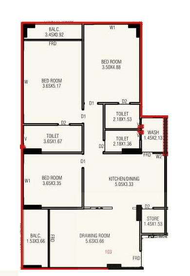 Ratna Turquois Glamouere Unit plan - 1255 sq.ft.