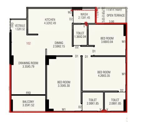 Ratna Turquois Glamouere Unit plan - 1290 sq.ft.