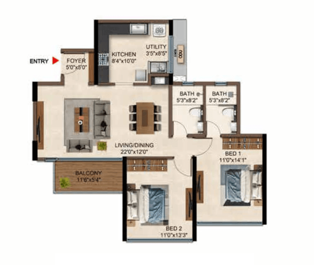Casagrand Caladium Unit plan - 913 sq.ft.