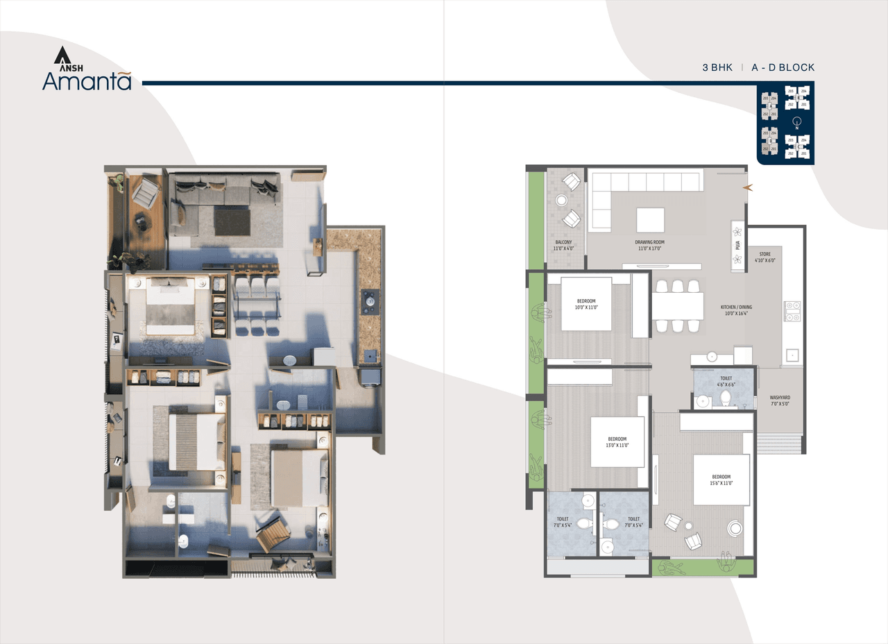 Ansh Amanta Unit plan - 1001 sq.ft.