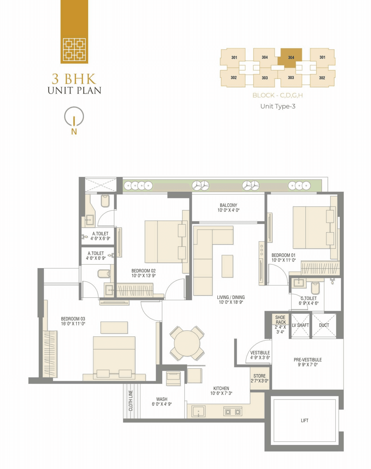 Sharanya Altura Unit plan - 968 sq.ft.