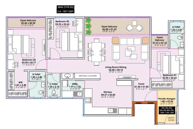 Santiago Skyworld Unit plan - 1356 sq.ft.