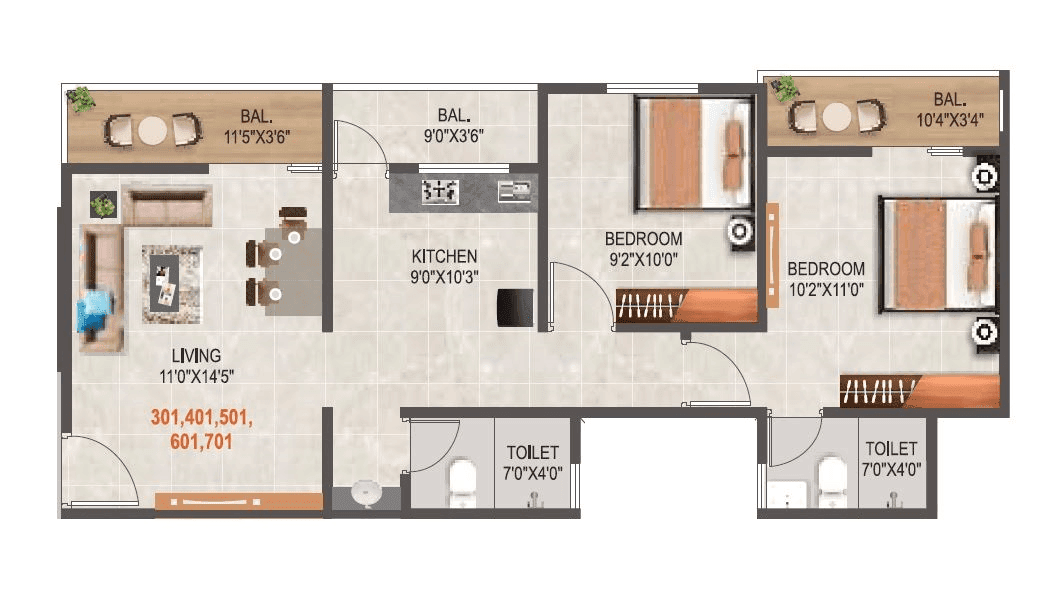 Kalpdeep Austin Tower Unit plan - 679 sq.ft.
