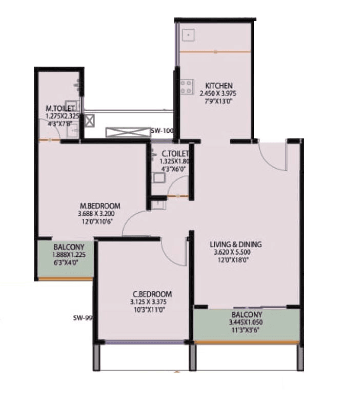Shubhlaxmi Meriton Heights Unit plan - 734 sq.ft.
