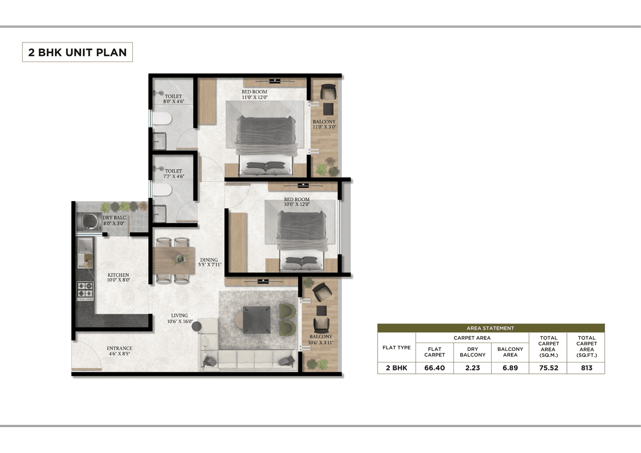 Triaa Nesterra Unit plan - 813 sq.ft.