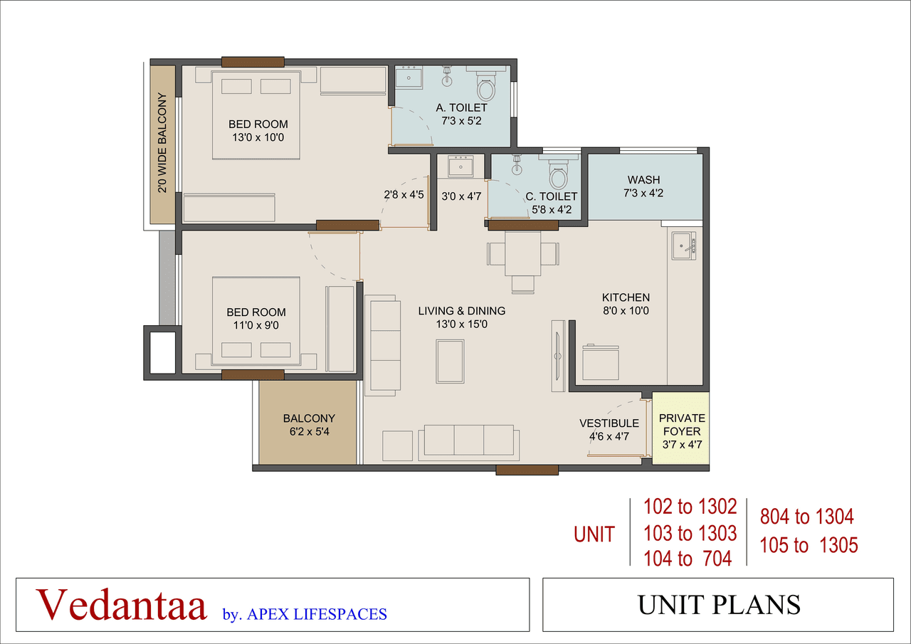 Apex Vedantaa Unit plan - 735 sq.ft.