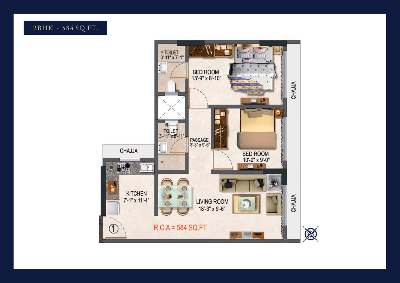 Poddar Harmony Unit plan - 584 sq.ft.