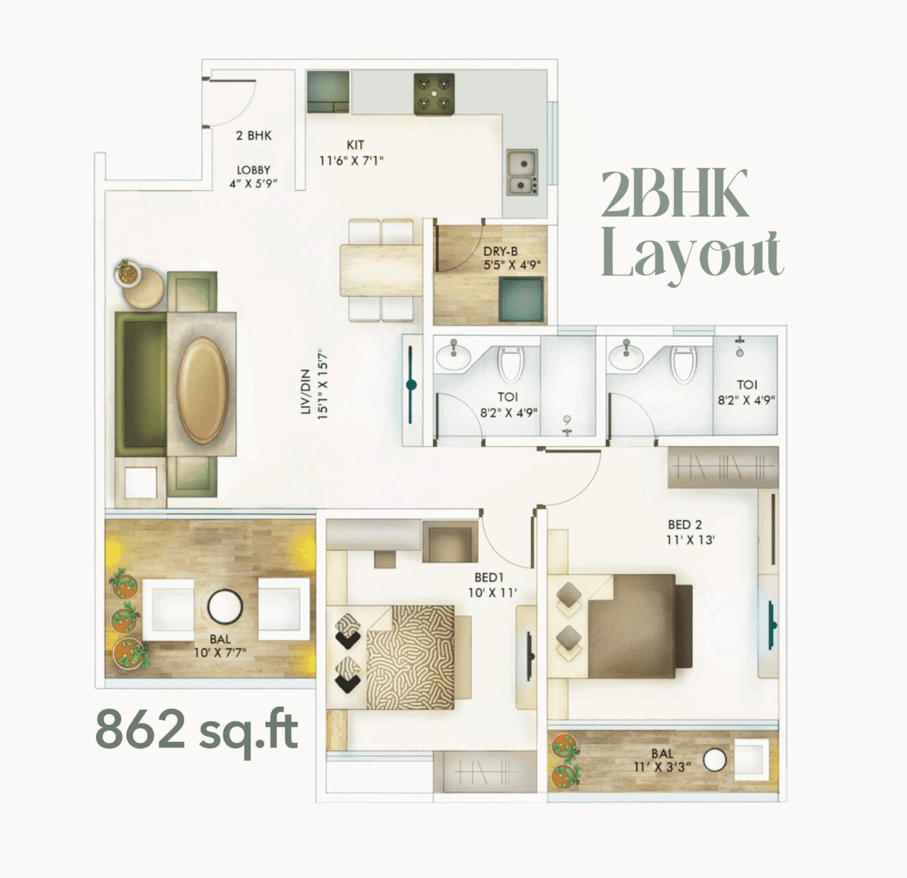 Yash Vastu Parkland Unit plan - 862 sq.ft.