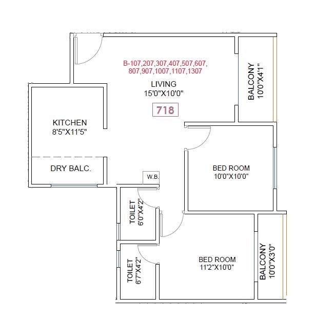DML Hexa Towers Unit plan - 718 sq.ft.