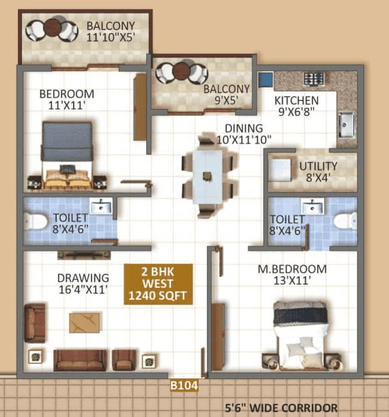 Sree Urban Orchids Unit plan - 930 sq.ft.