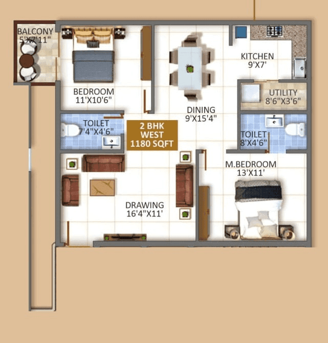 Sree Urban Orchids Unit plan - 885 sq.ft.
