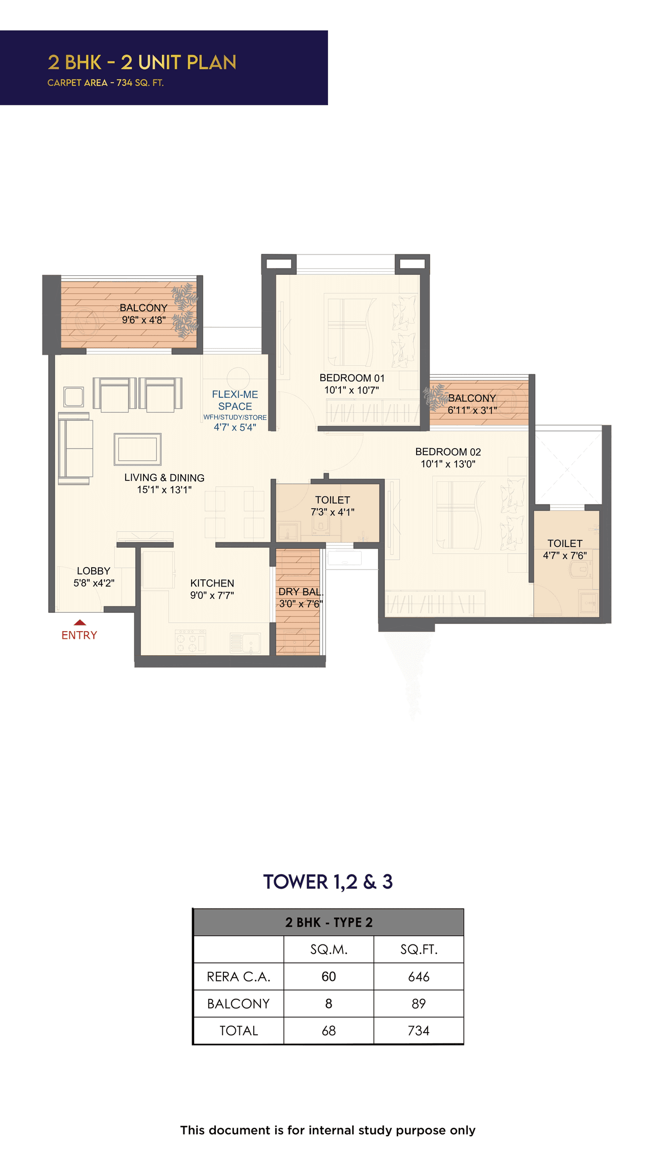 Saheel Landmarc Unit plan - 734 sq.ft.