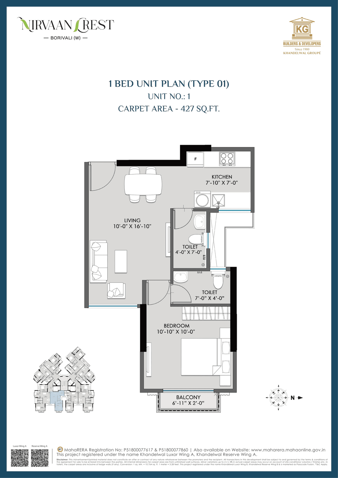 Khandelwal Nirvaan Crest Unit plan - 426 sq.ft.
