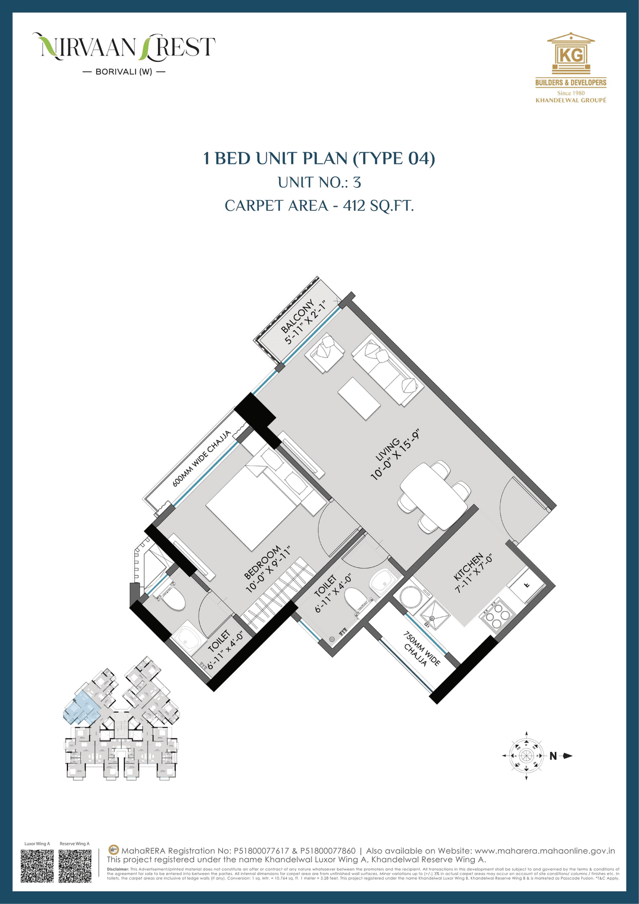 Khandelwal Nirvaan Crest Unit plan - 412 sq.ft.