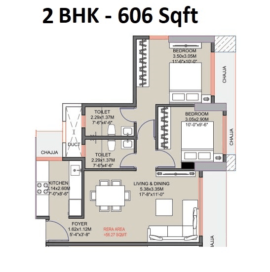 Inspira Aura Unit plan - 606 sq.ft.