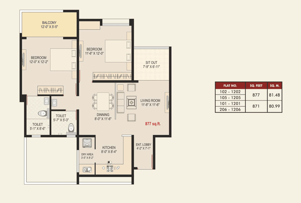 Shubh Serenity Unit plan - 872 sq.ft.