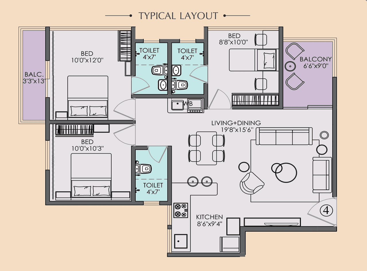 Avirat Panoreeva Greens Unit plan - 864 sq.ft.