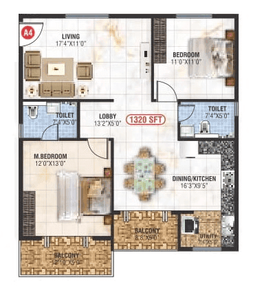 Saranya Signature Unit plan - 937 sq.ft.