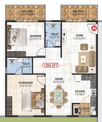 Saranya Signature Unit plan - 969 sq.ft.