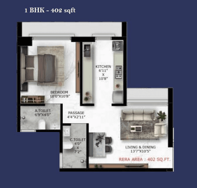 Mahaveer Solitaire Edge Unit plan - 402 sq.ft.