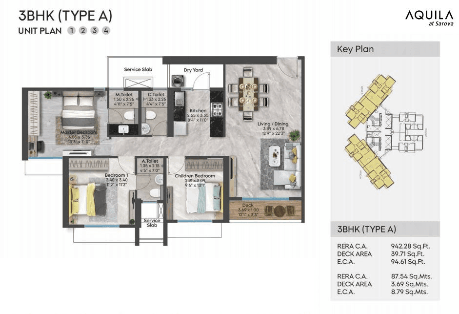 Shapoorji Sarova Aquila Unit plan - 1076 sq.ft.