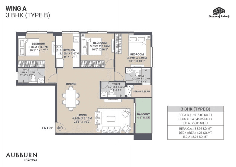 Shapoorji Sarova Aquila Unit plan - 983 sq.ft.