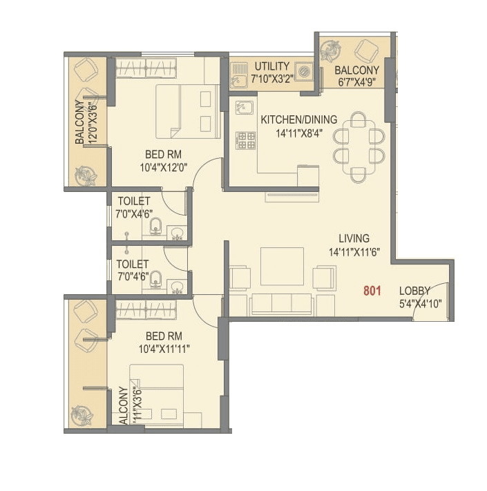 Skyrise Skyscape Unit plan - 853 sq.ft.