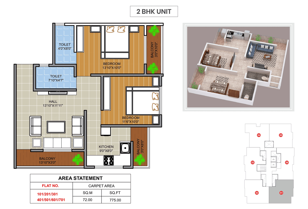 PVB Golden Square Unit plan - 775 sq.ft.
