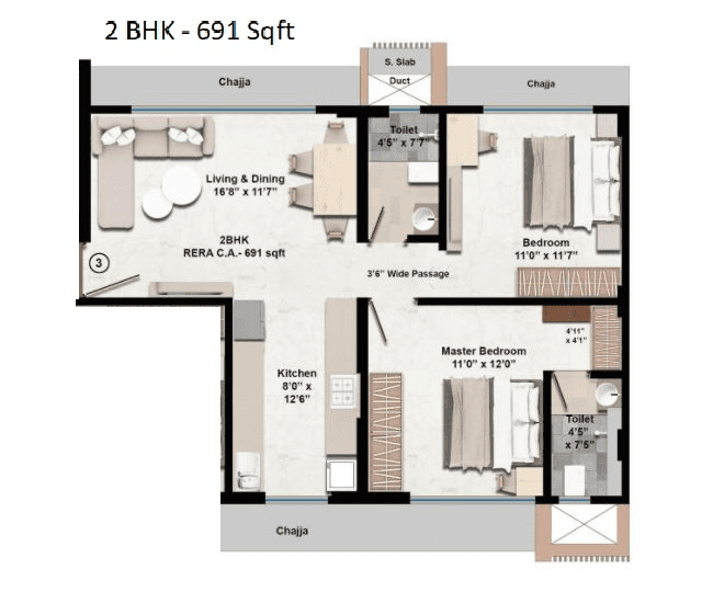 Samyakth Bliss Unit plan - 691 sq.ft.