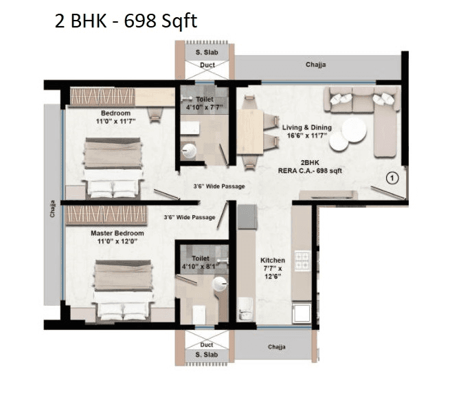 Samyakth Bliss Unit plan - 698 sq.ft.