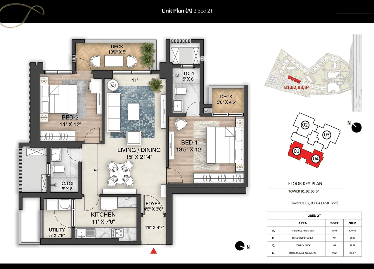 The Prestige City Indirapuram Unit plan - 901 sq.ft.
