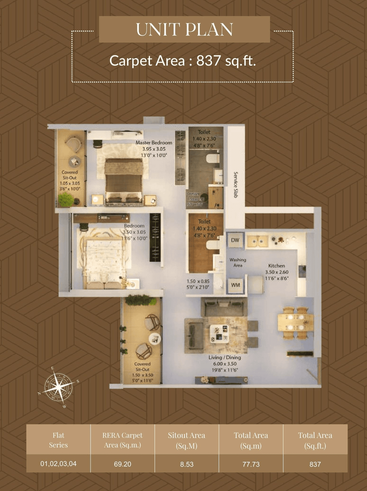 Harivishva Skyfinia Unit plan - 837 sq.ft.