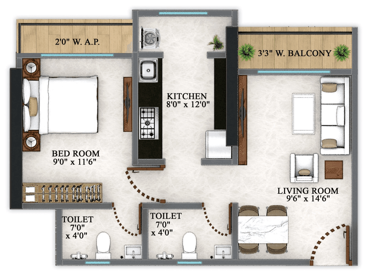 Parijas Horizon Unit plan - 387 sq.ft.