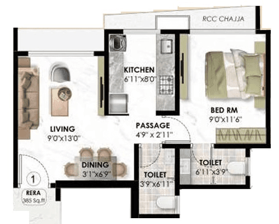 Adityaraj Viva Unit plan - 385 sq.ft.